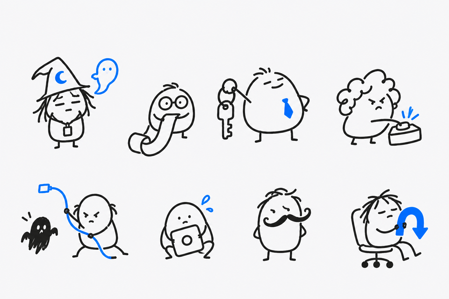 Eight Questionable Hires as deadpan doodle characters